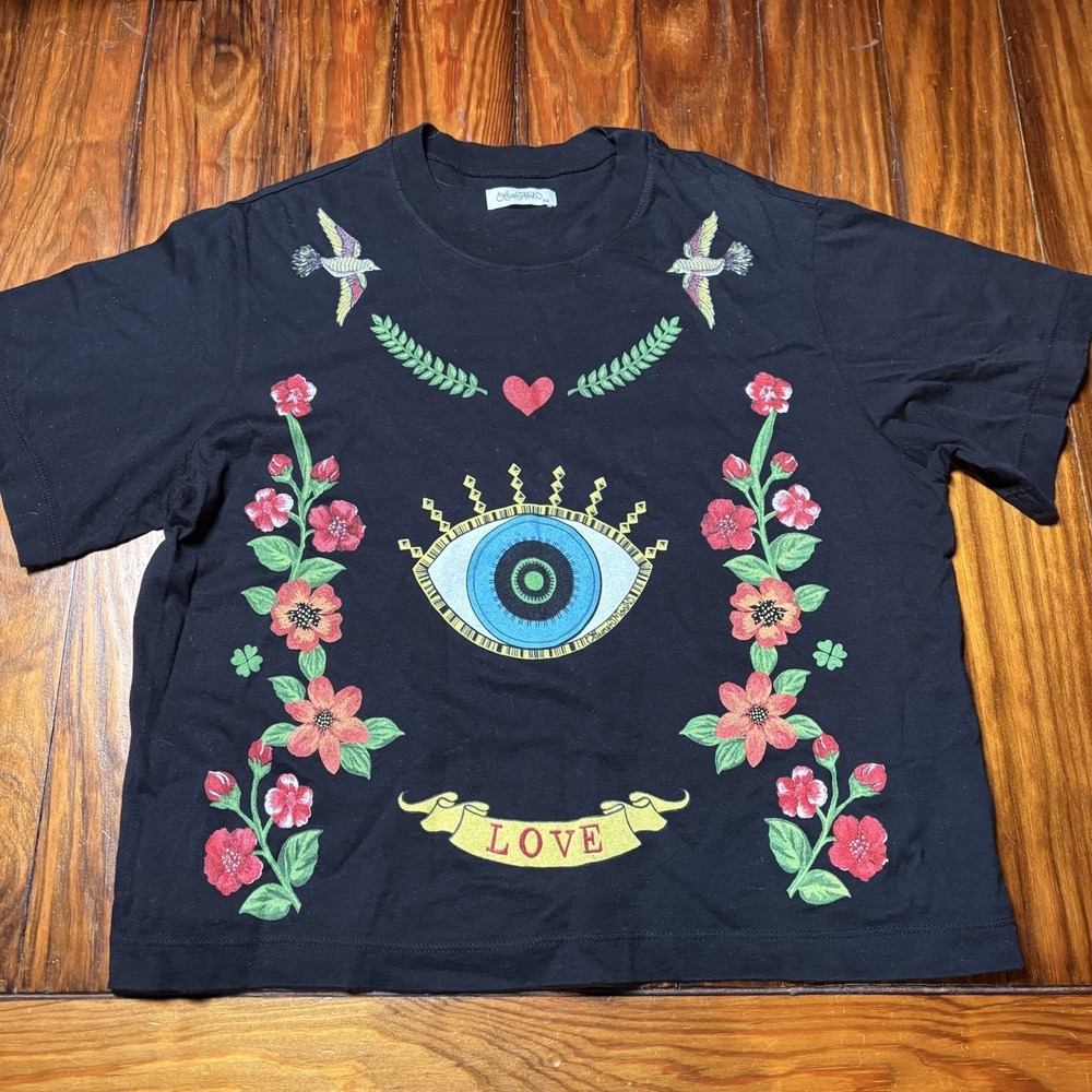 Lauren Moshi Evil Eye Floral Love Tattoo Floral Sparrows Crop T-Shirt XS A1389